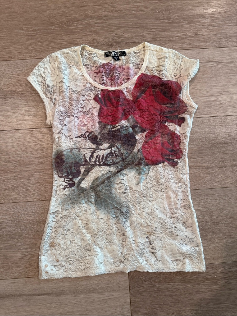 Guess Cream Lace Tee with Red Rose Graphic